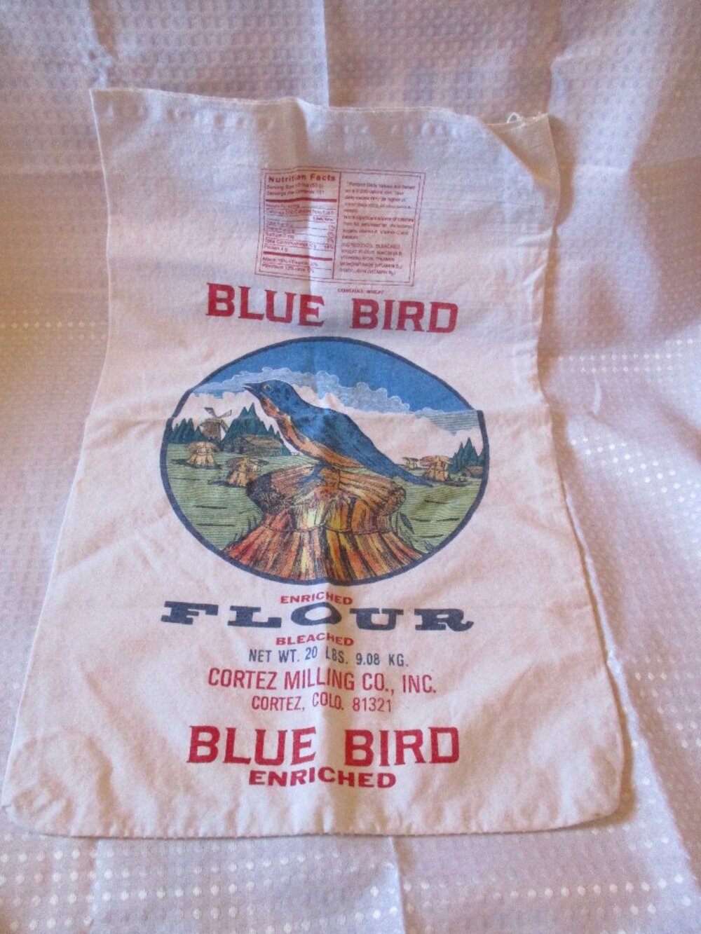 Empty Blue Bird Enriched Bleached Flour Cloth Bag Sack 25 lbs. Cortez Milling Co